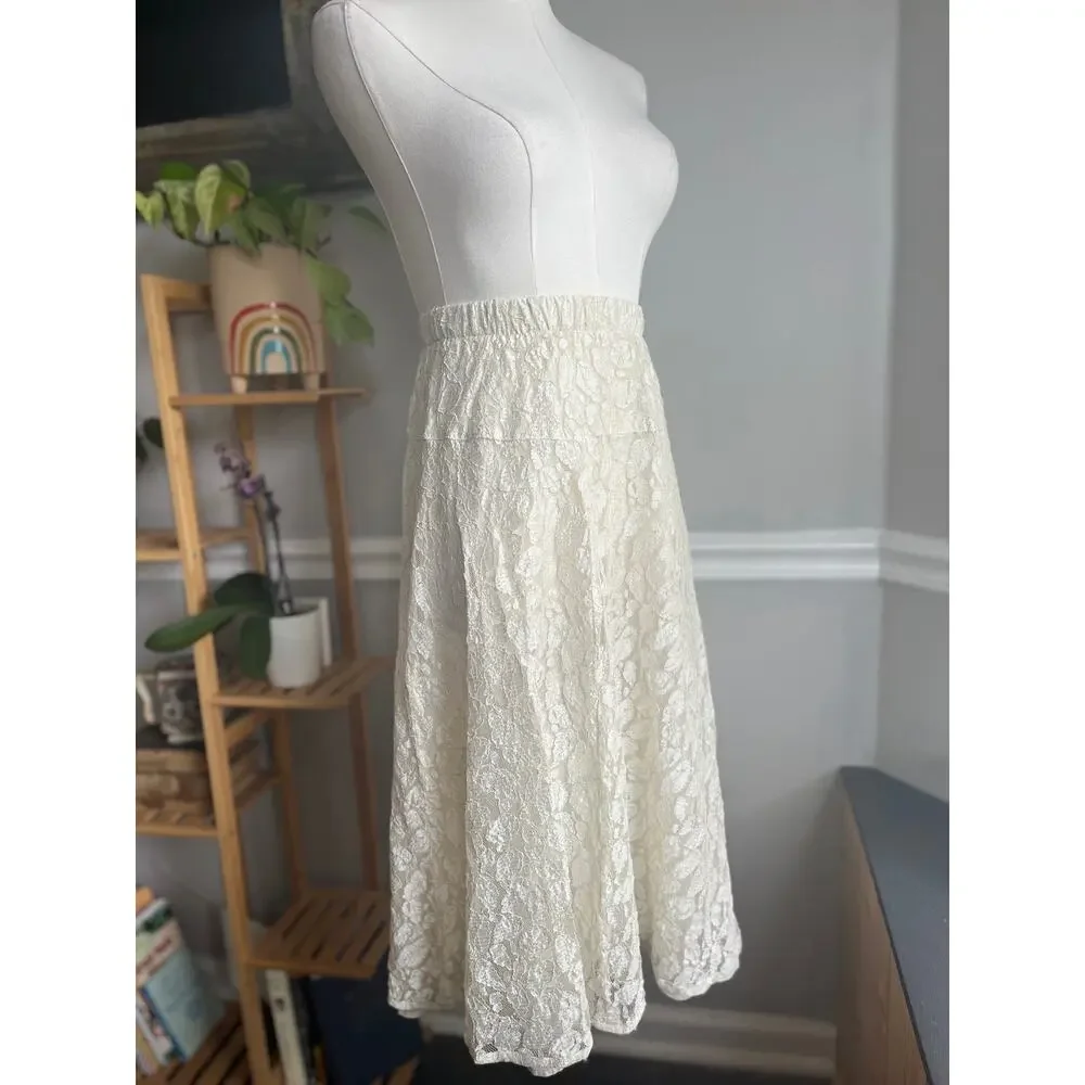 Vintage 90s Lace Skirt Knee Length White Gold Size Small - Picture 3 of 6